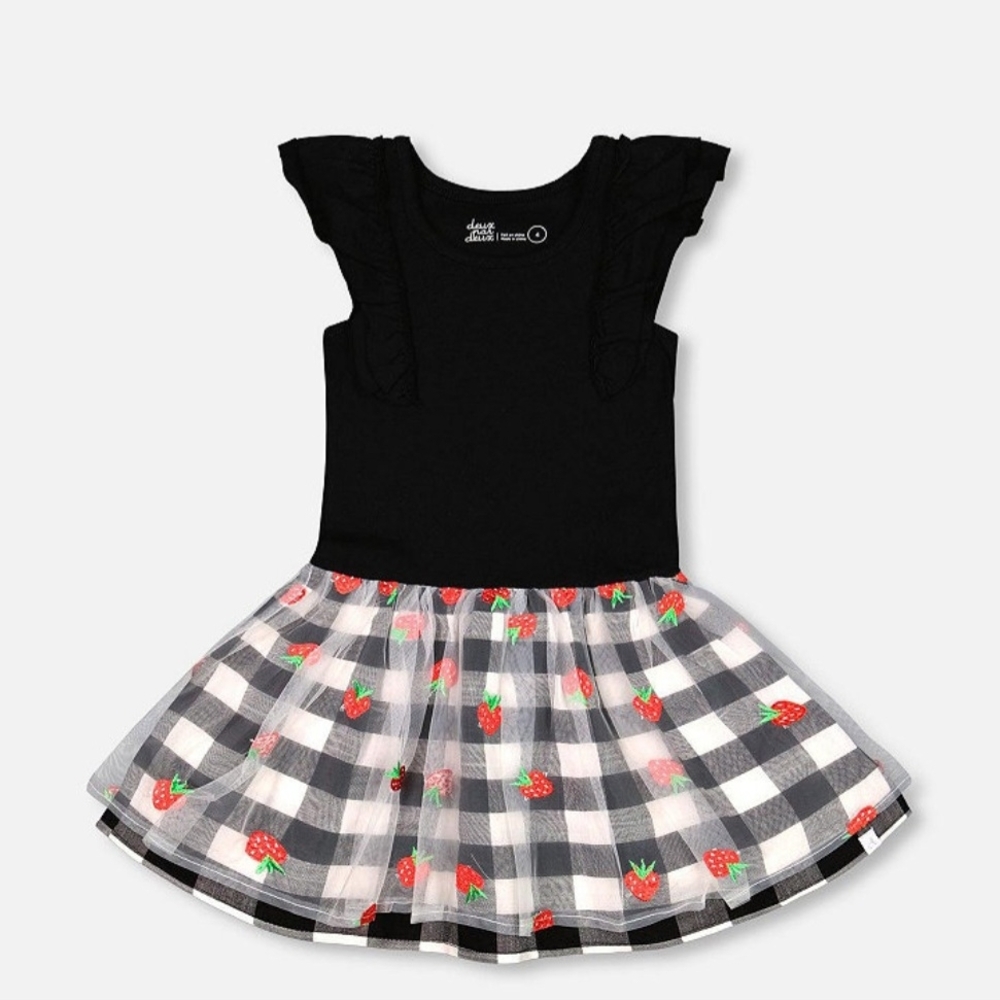 Deux par Deux Black and White Checkered Dress with Strawberry Print